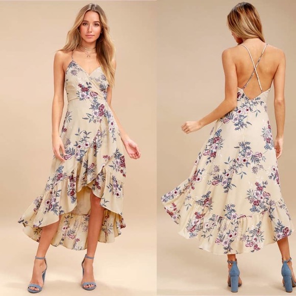 Lulus Dresses & Skirts - Lulus Maxi Dress Gild The Lily Beige Floral High Low Size Large Ruffle NWOT